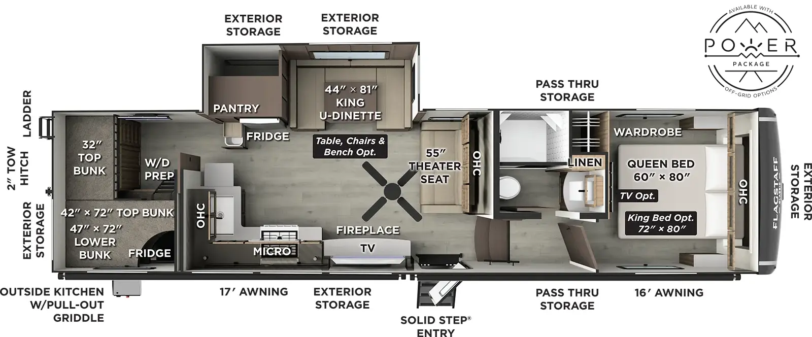 The Flagstaff Classic Fifth Wheels F374DBH floorplan has one entry and one slide out. Exterior features include: fiberglass exterior, 17' & 16' awning and outside kitchen. Interiors features include: bunk beds, u-dinette and front bedroom.